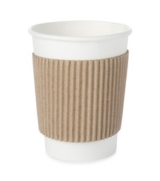 Photo of One paper cup on white background. Mockup for design