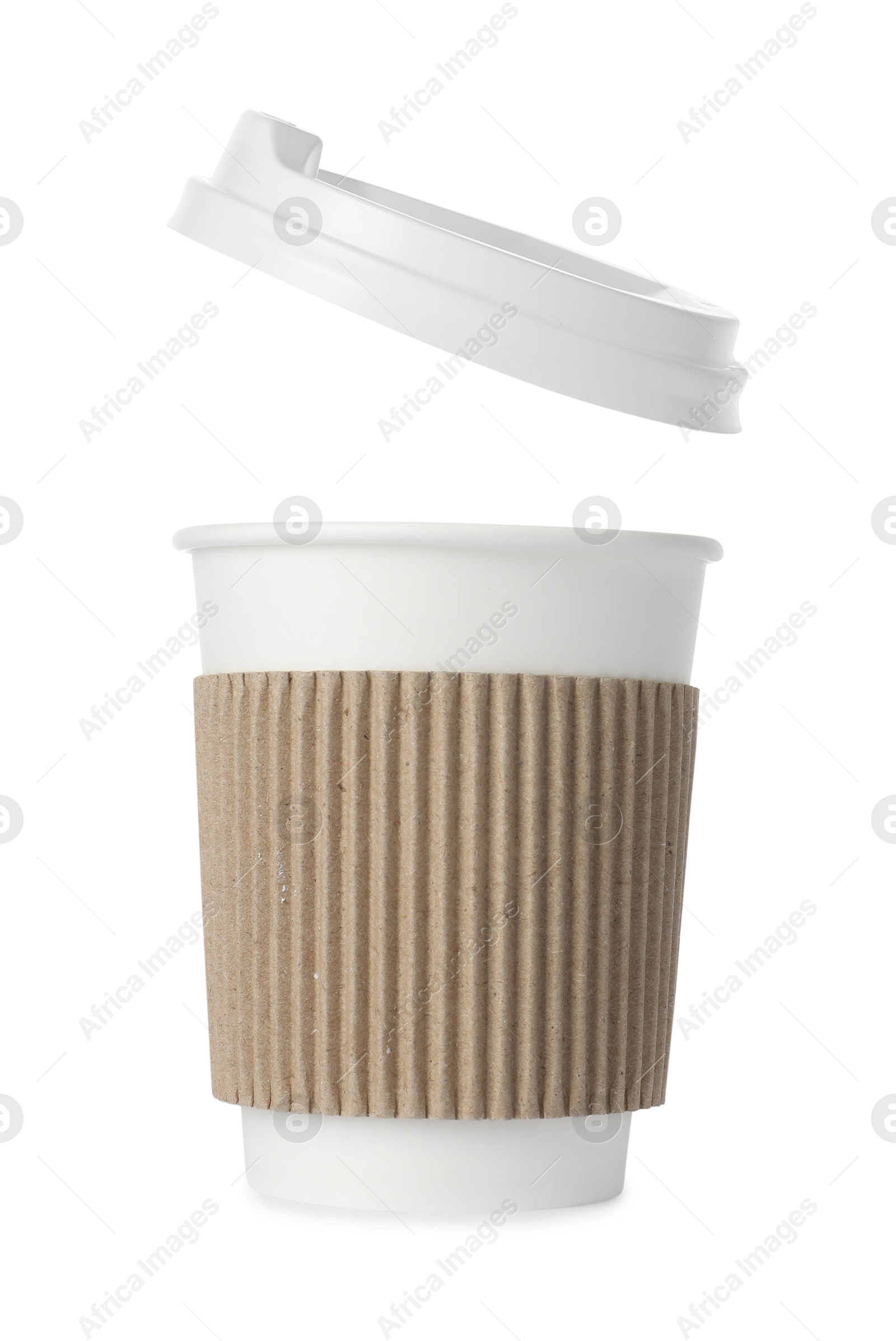 Paper cup with lid on white background. Mockup for design Photo of Paper cup with lid on white background. Mockup for design