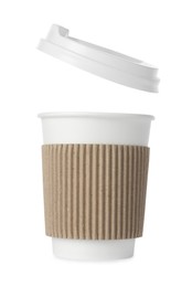 Photo of Paper cup with lid on white background. Mockup for design