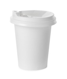 Photo of Paper cup with lid on white background. Mockup for design