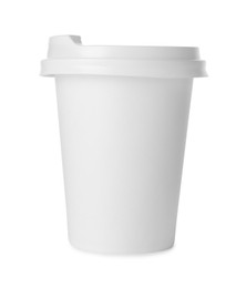 Photo of Paper cup with lid on white background. Mockup for design