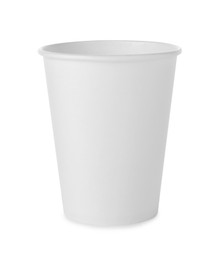 Photo of One paper cup on white background. Mockup for design