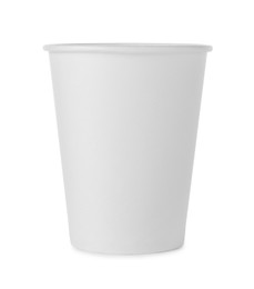 Photo of One paper cup on white background. Mockup for design