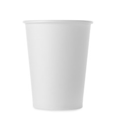 Photo of One paper cup on white background. Mockup for design