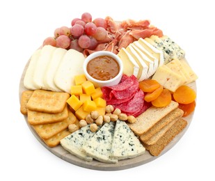 Photo of Different types of cut cheese and other snacks isolated on white