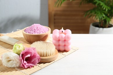 Photo of Composition with cosmetic products for spa treatment on white wooden table, space for text