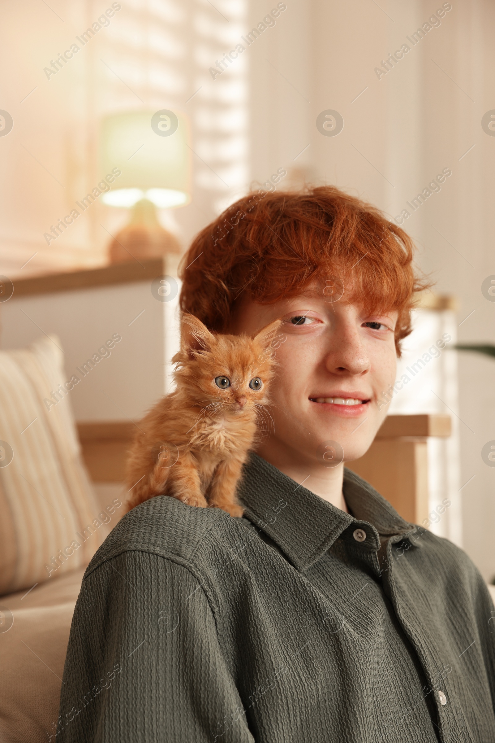 Photo of Redhead teenage boy with cute ginger kitten indoors