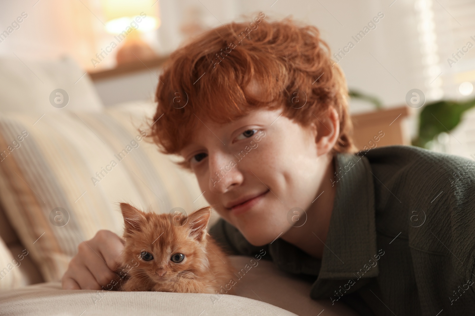 Photo of Redhead teenage boy with cute ginger kitten on sofa indoors