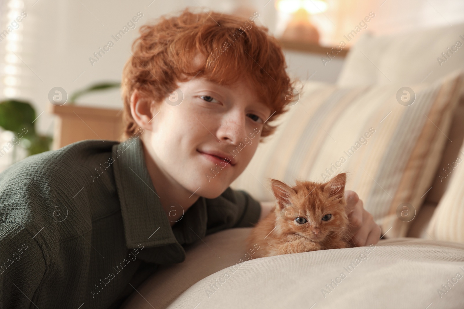 Photo of Redhead teenage boy with cute ginger kitten on sofa indoors