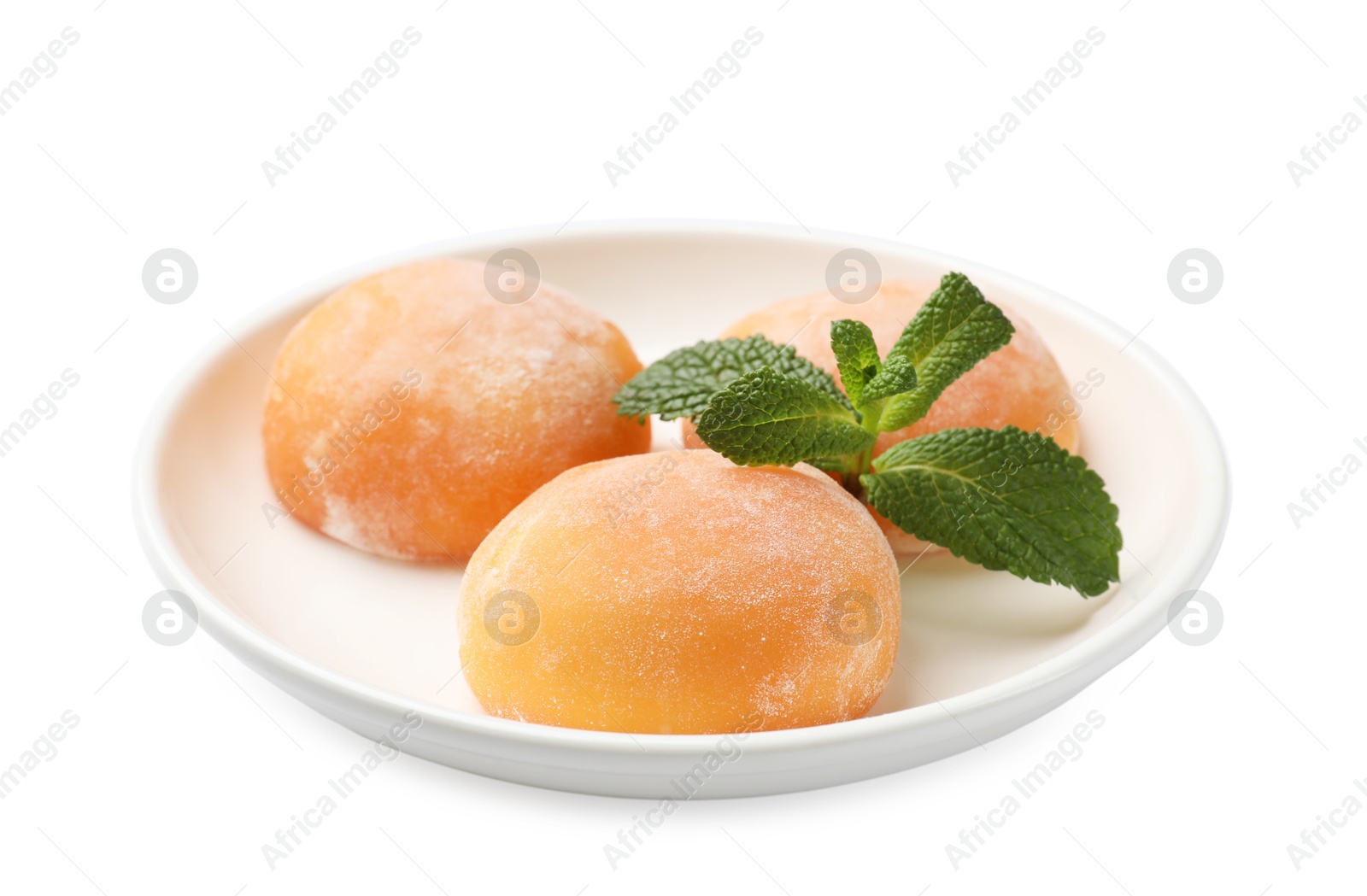 Photo of Plate with tasty mochi and mint isolated on white