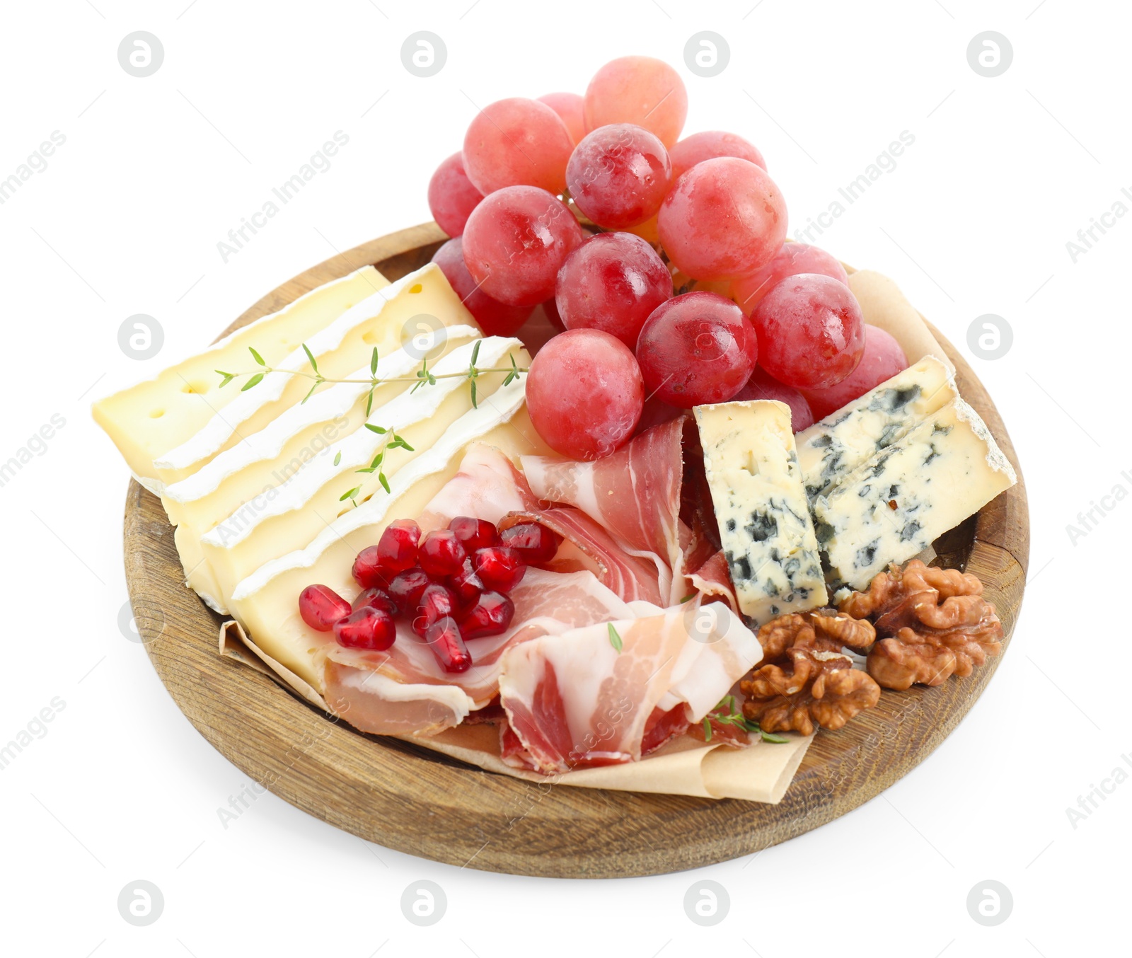 Photo of Different types of cut cheese and other snacks isolated on white