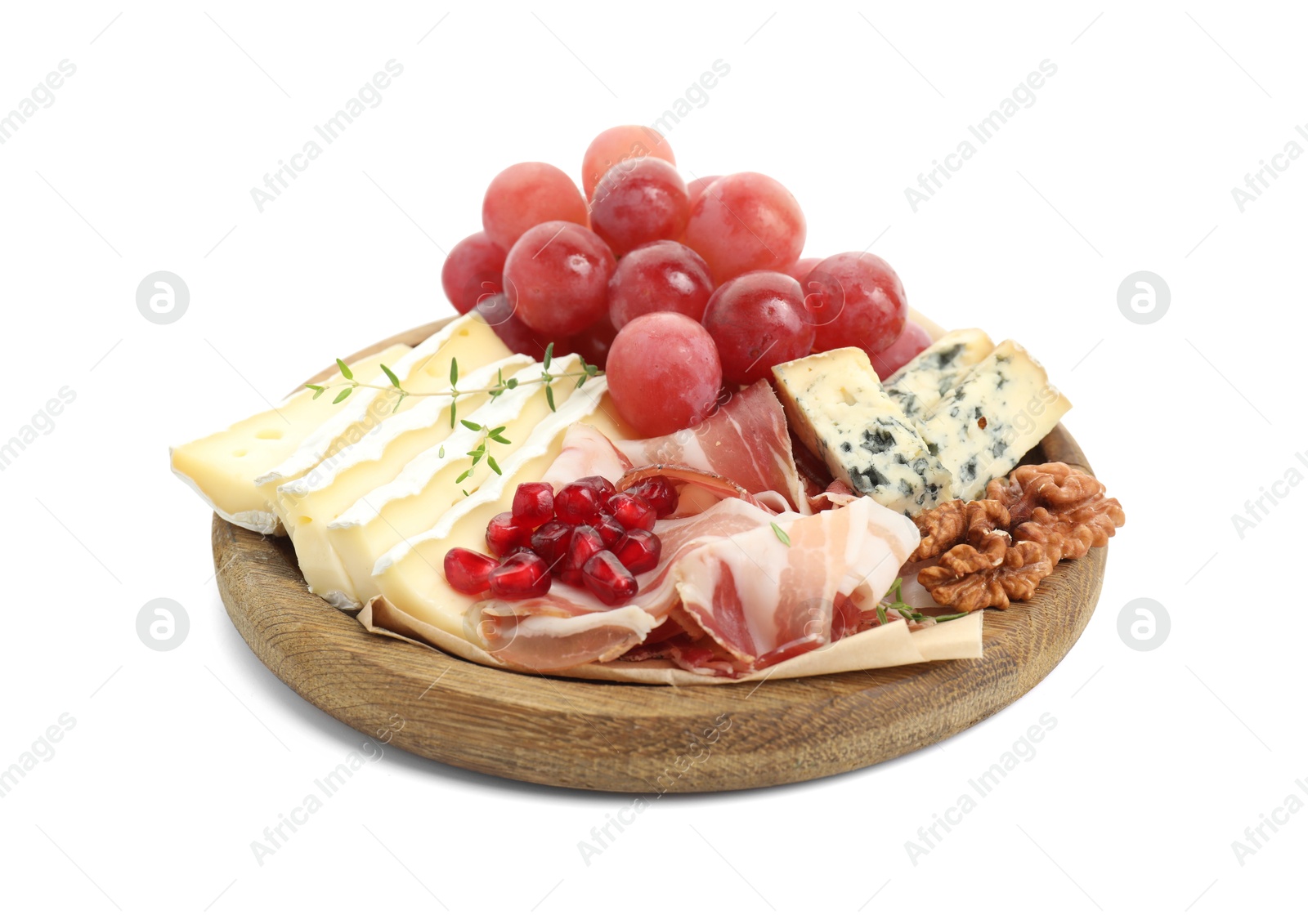 Photo of Different types of cut cheese and other snacks isolated on white