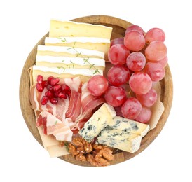 Photo of Different types of cut cheese and other snacks isolated on white, top view