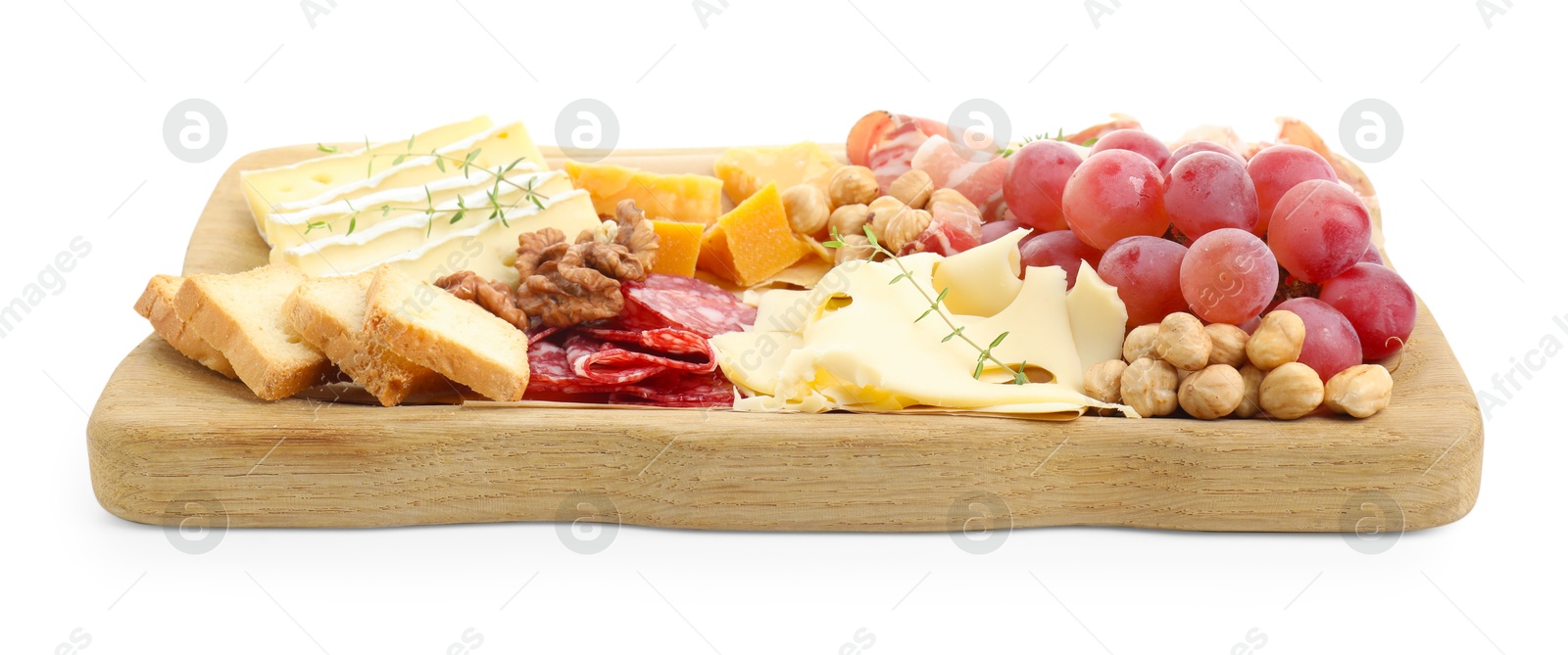 Photo of Different types of cut cheese and other snacks isolated on white