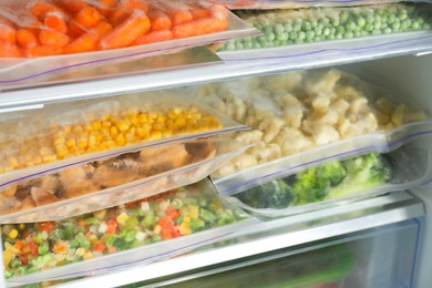 Photo of Plastic bags with different frozen vegetables in refrigerator, closeup