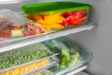 Photo of Plastic bags and glass container with different frozen vegetables in refrigerator, closeup