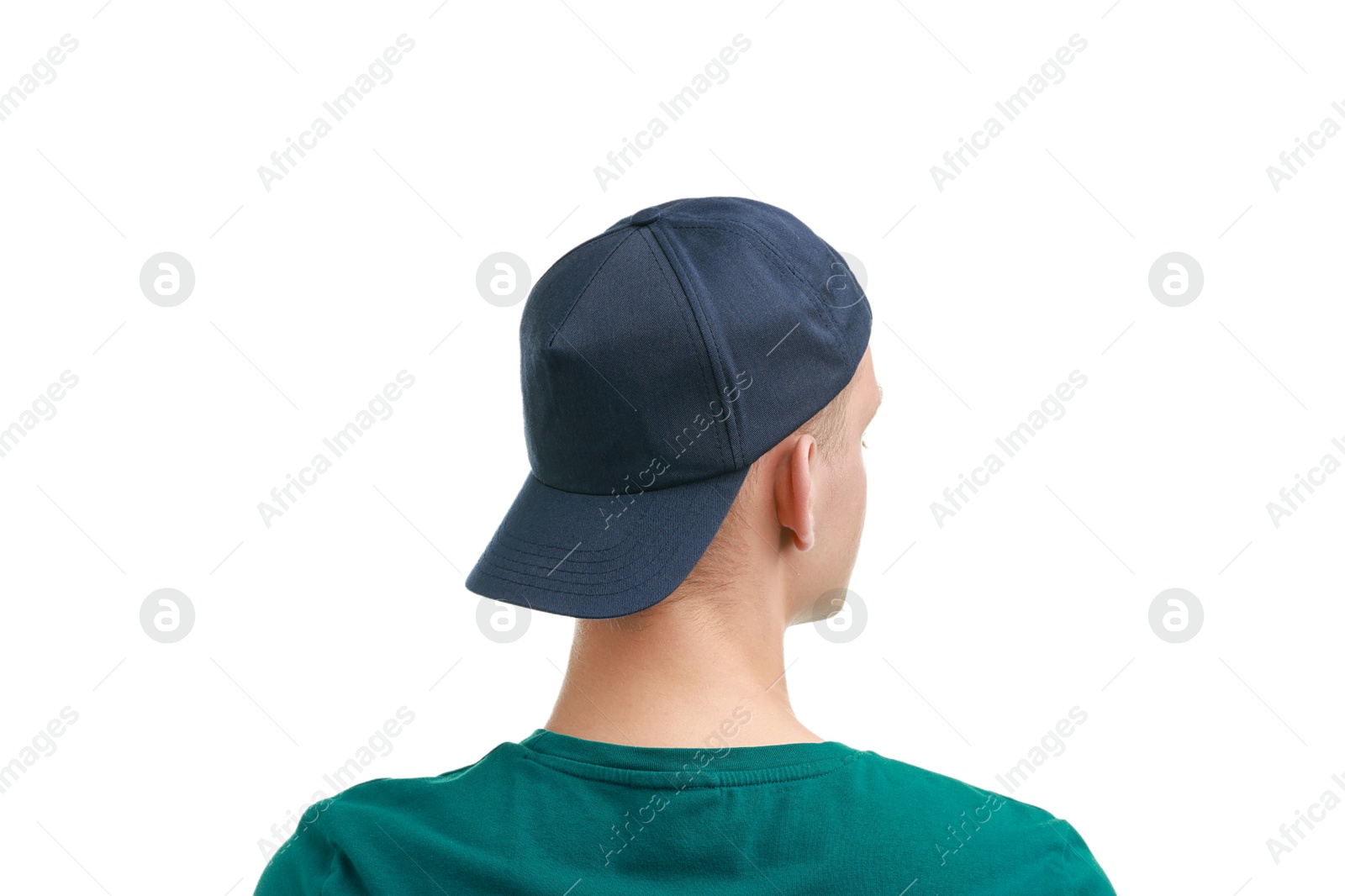 Photo of Man in stylish baseball cap on white background, back view. Mockup for design