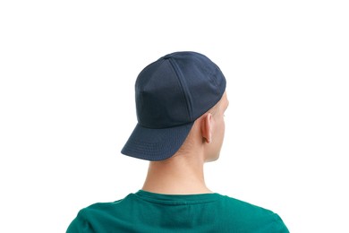 Photo of Man in stylish baseball cap on white background, back view. Mockup for design