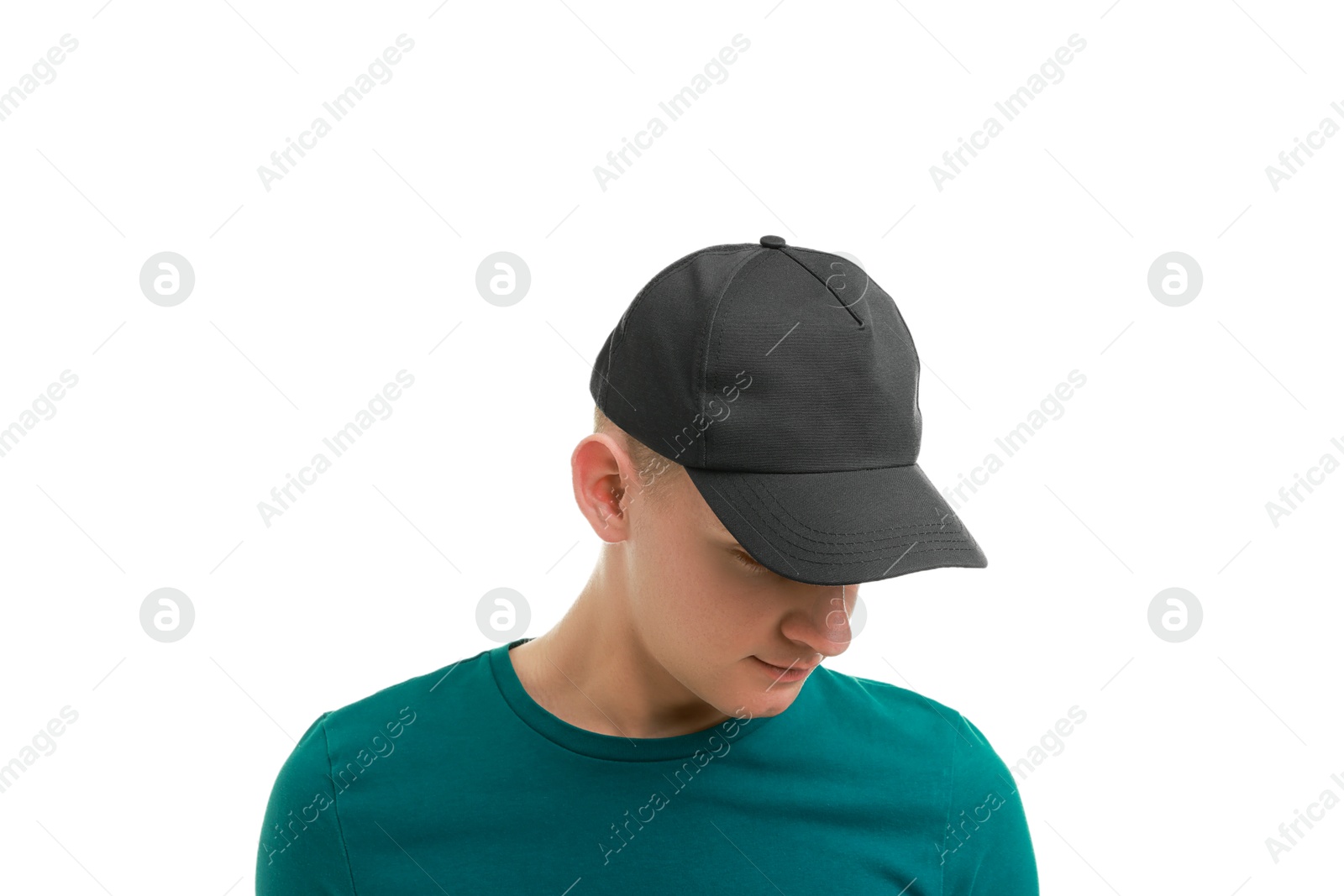 Photo of Man in stylish baseball cap on white background. Mockup for design