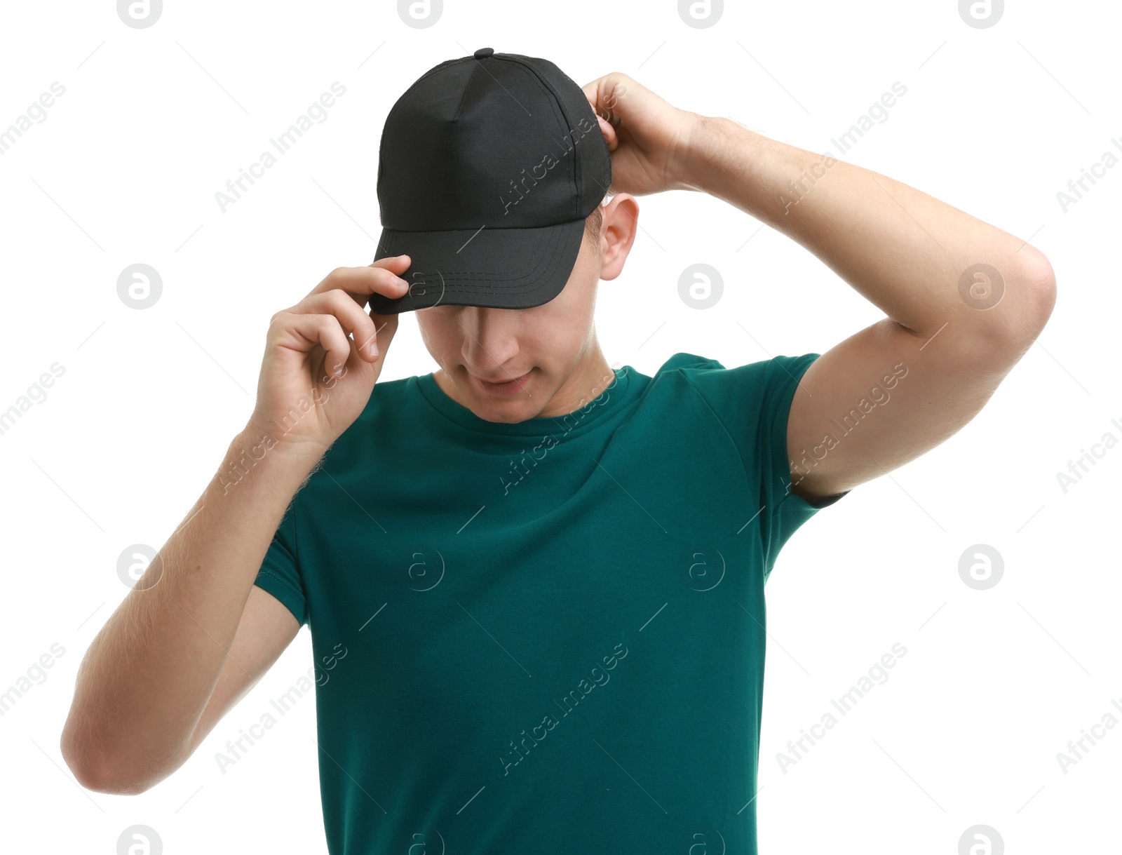 Photo of Man in stylish baseball cap on white background. Mockup for design