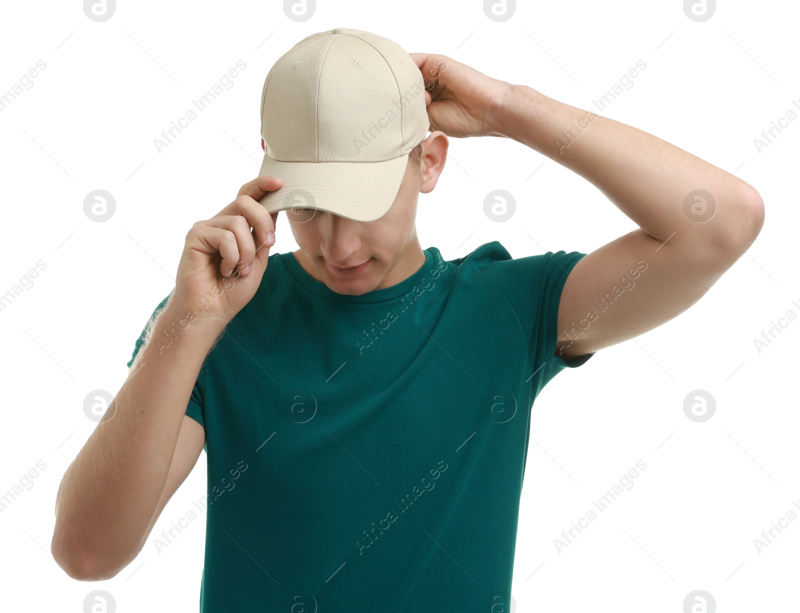 Photo of Man in stylish baseball cap on white background. Mockup for design