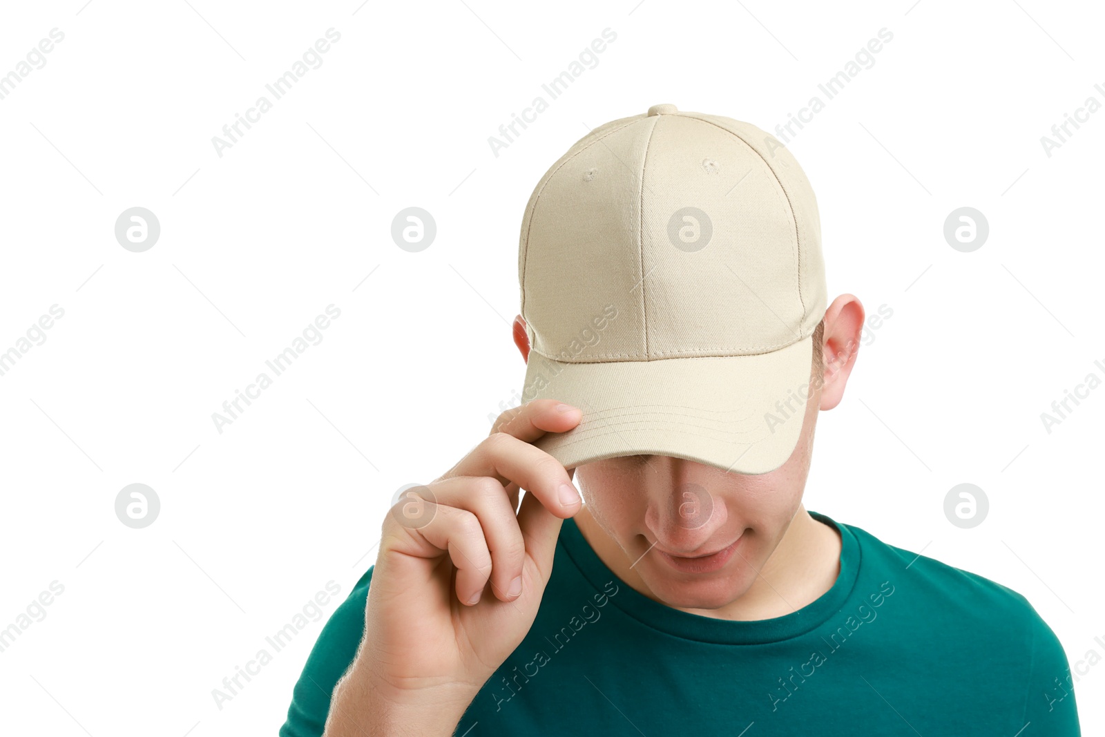 Photo of Man in stylish baseball cap on white background. Mockup for design