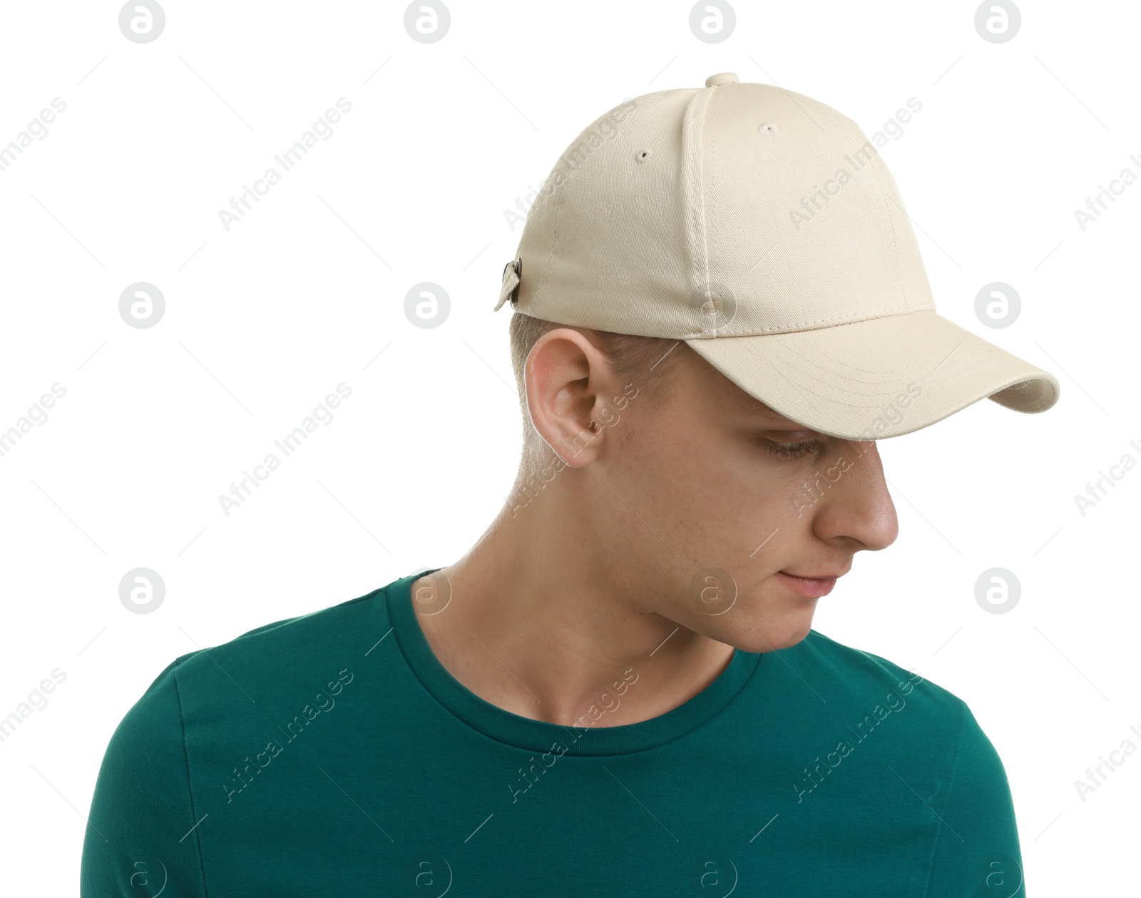 Photo of Man in stylish baseball cap on white background. Mockup for design