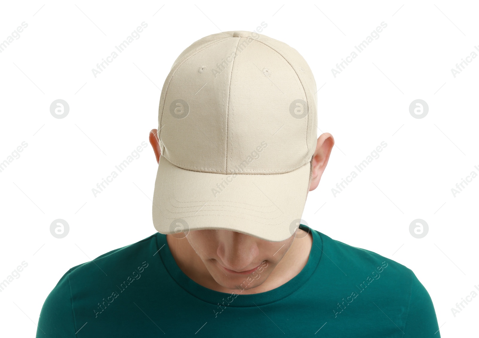 Photo of Man in stylish baseball cap on white background. Mockup for design