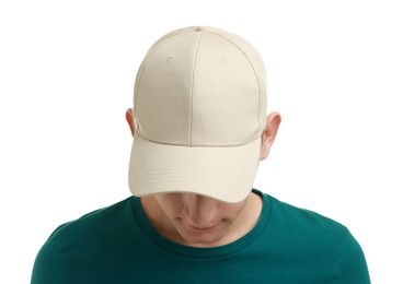 Photo of Man in stylish baseball cap on white background. Mockup for design