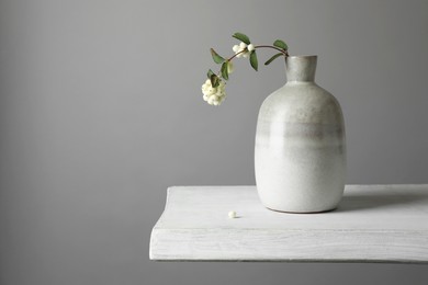 Photo of Stylish vase with snowberry branch on white table, space for text