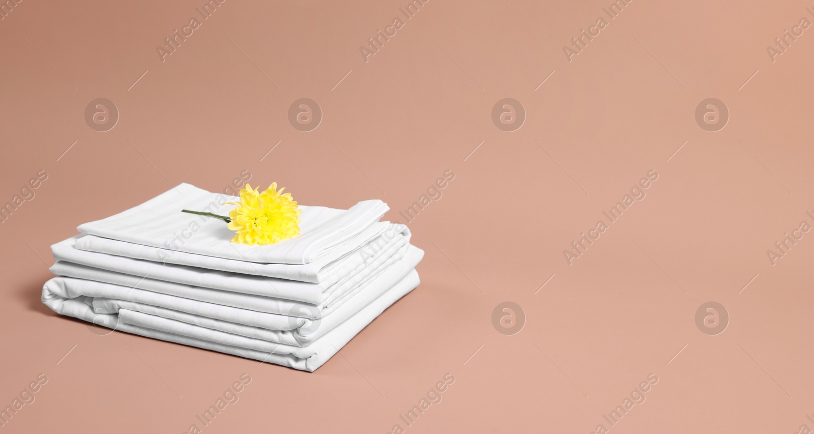 Photo of Stack of clean bed linens and beautiful flower on beige background, space for text