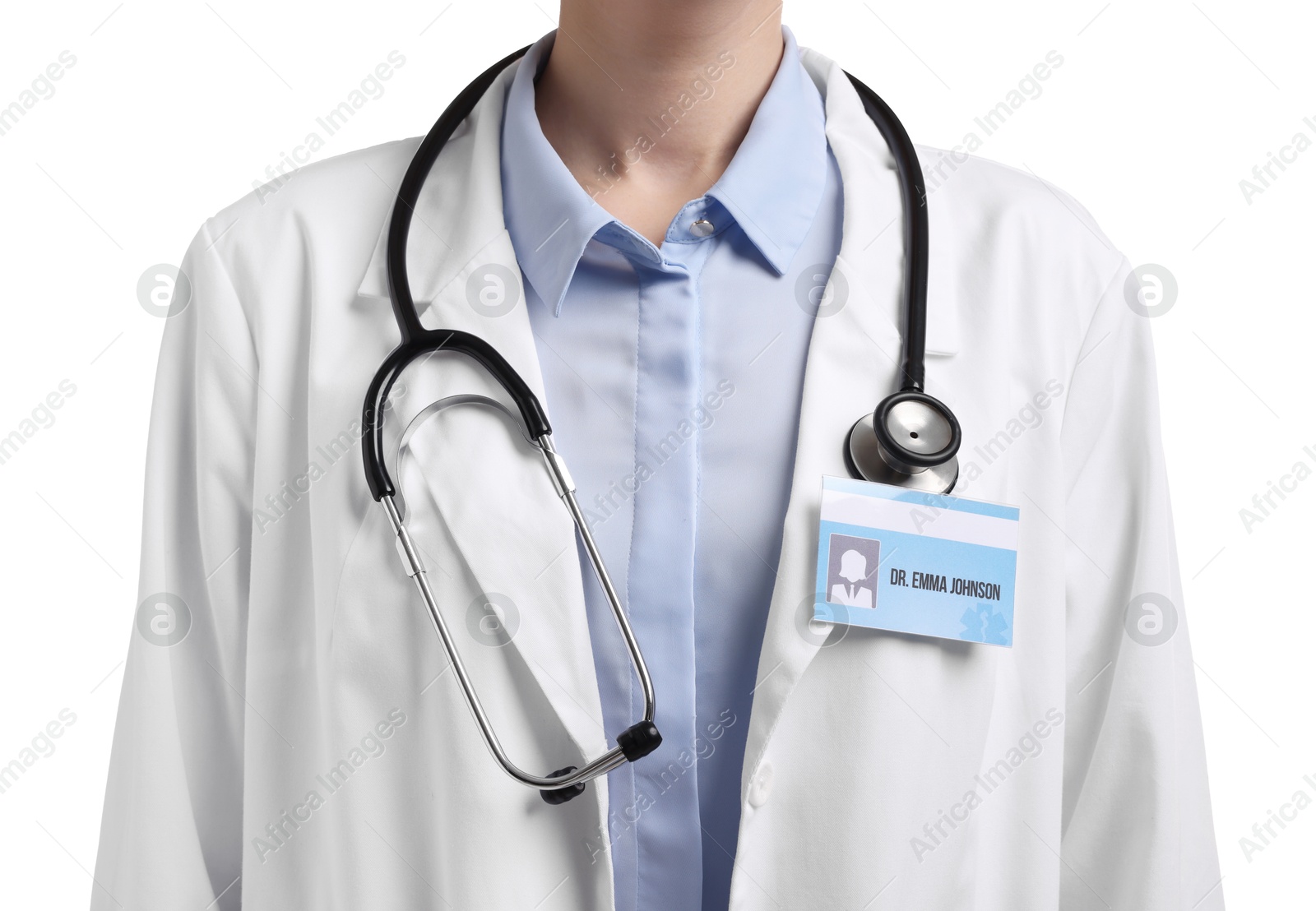 Photo of Doctor with badge on white background, closeup