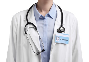 Photo of Doctor with badge on white background, closeup