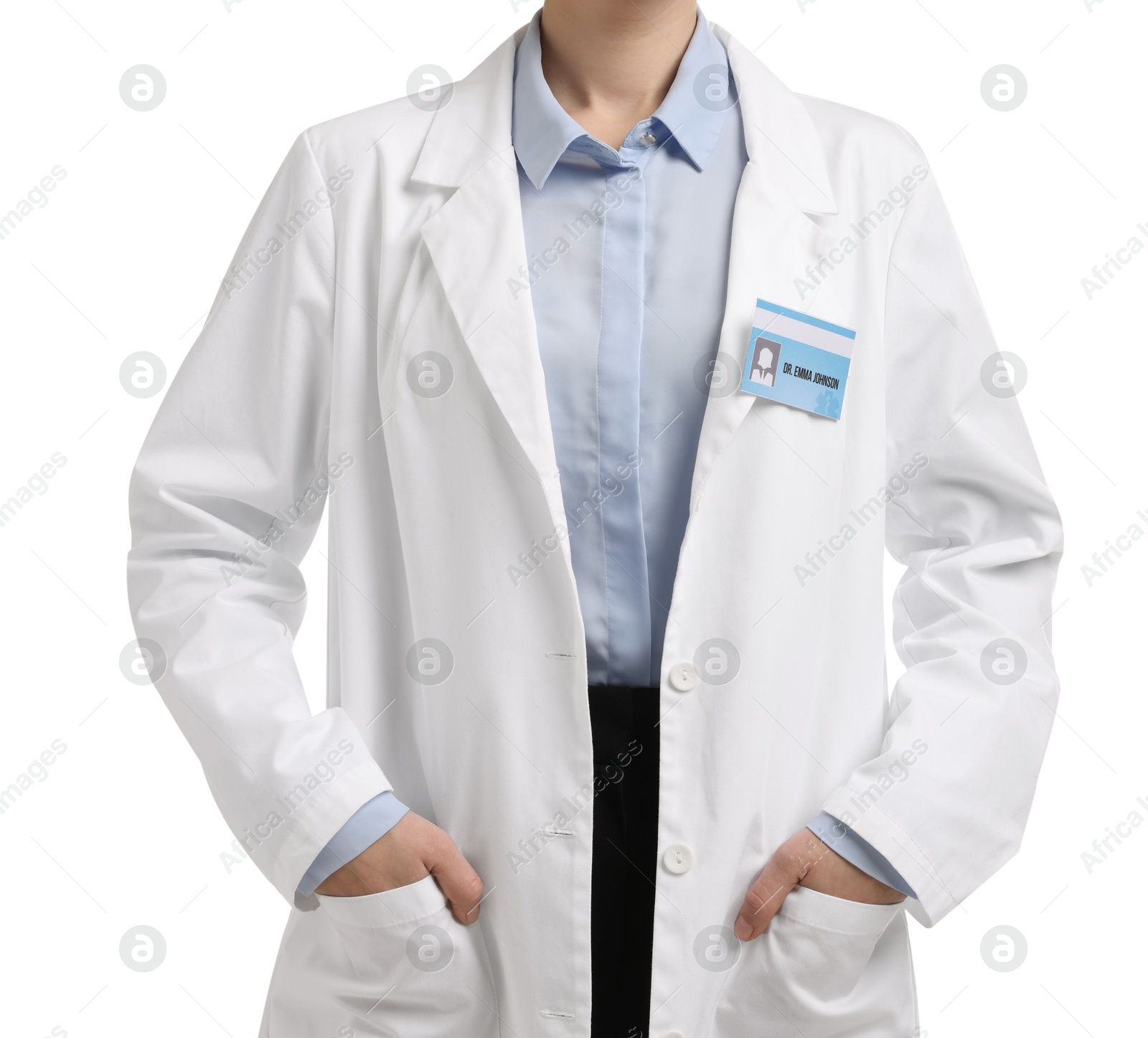 Photo of Doctor with badge on white background, closeup