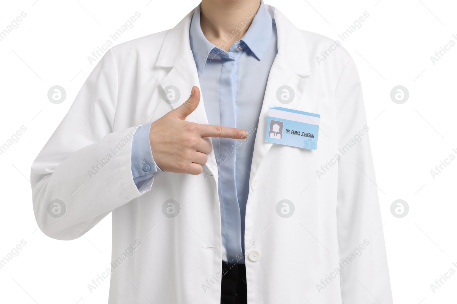 Photo of Doctor pointing at her badge on white background, closeup