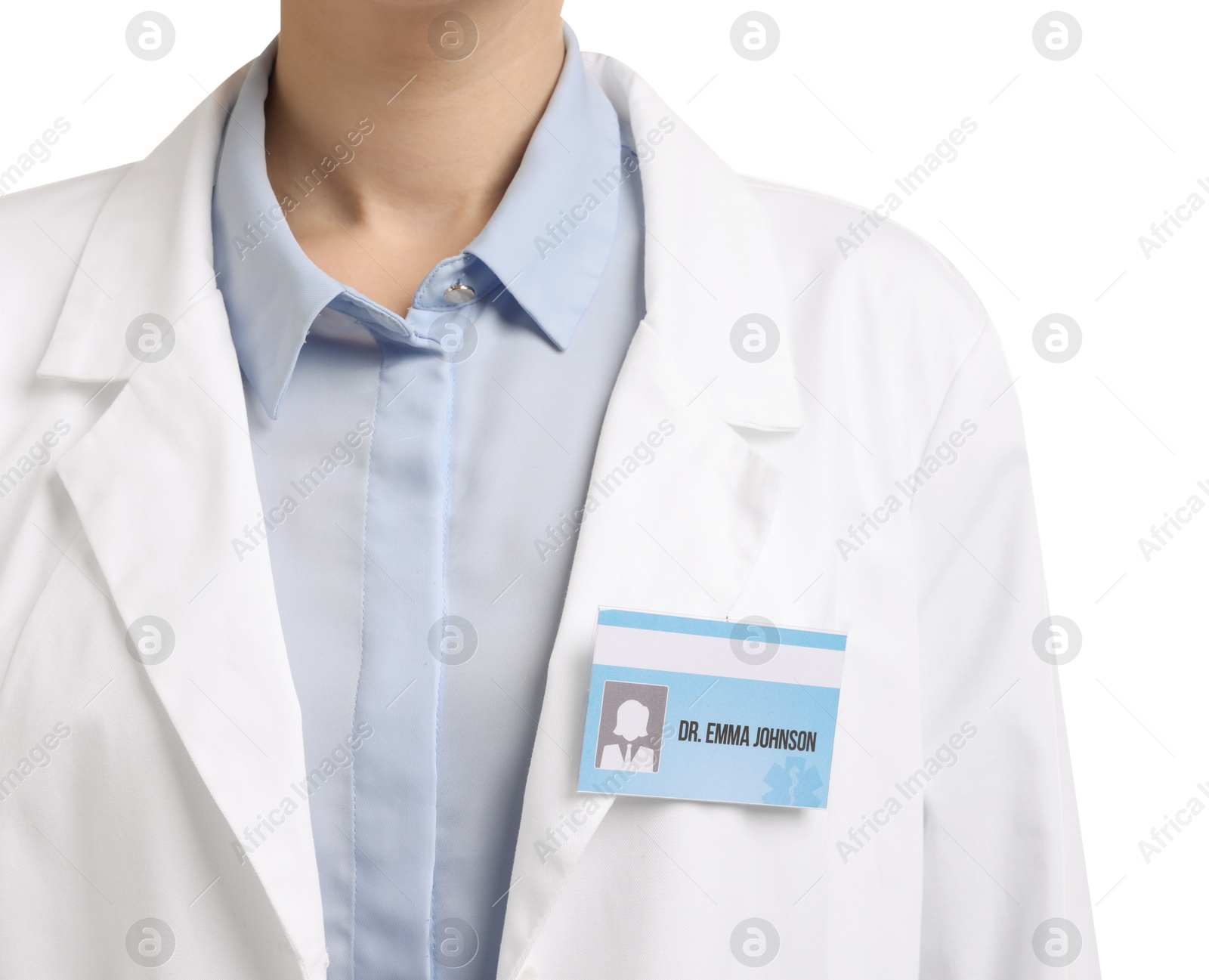 Photo of Doctor with badge on white background, closeup