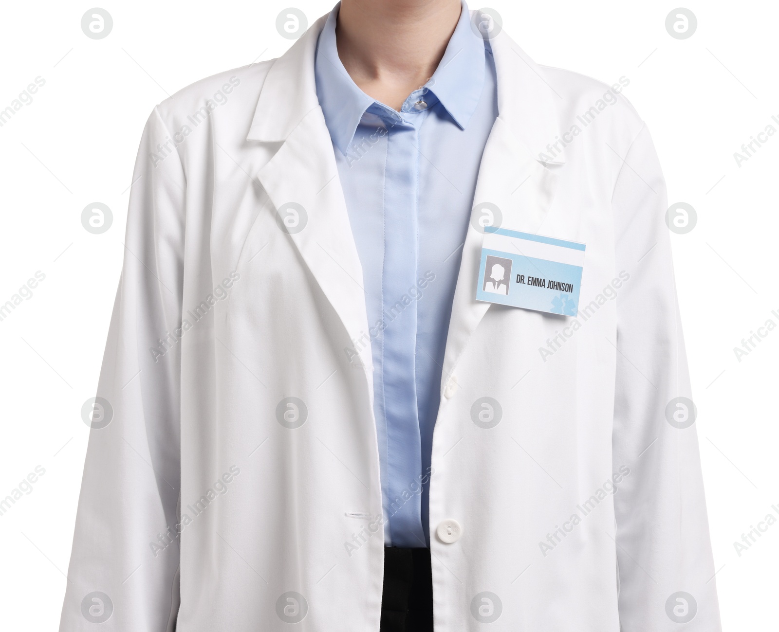 Photo of Doctor with badge on white background, closeup