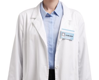 Photo of Doctor with badge on white background, closeup