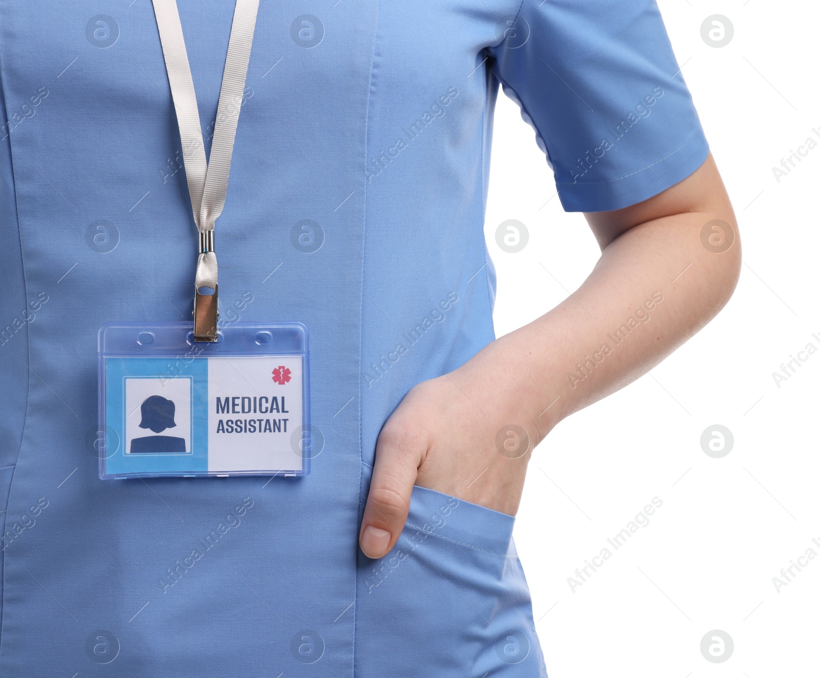 Photo of Medical assistant with badge on white background, closeup