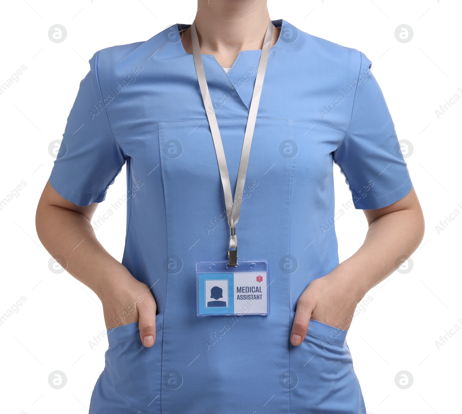 Photo of Medical assistant with badge on white background, closeup