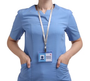 Photo of Medical assistant with badge on white background, closeup