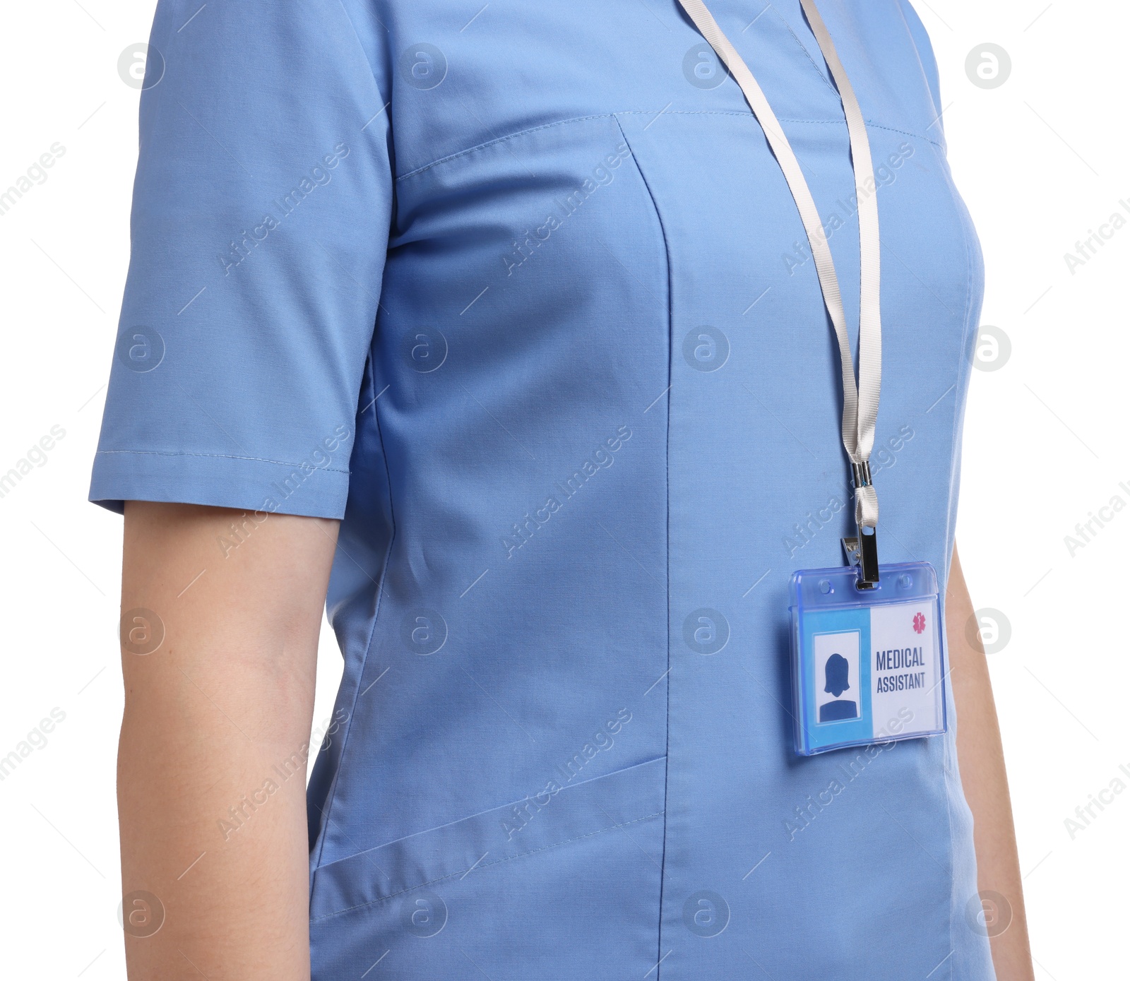 Photo of Medical assistant with badge on white background, closeup