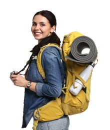 Photo of Young tourist with backpack on white background