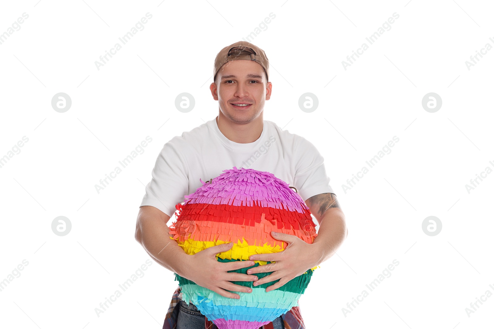 Photo of Happy man with colorful pinata on white background