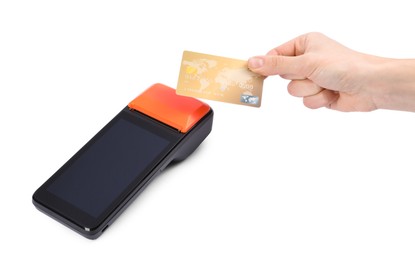 Photo of Woman with credit card using payment terminal on white background, closeup