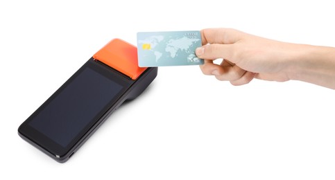 Photo of Woman with credit card using payment terminal on white background, closeup