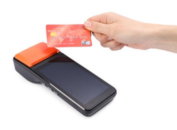 Photo of Woman with credit card using payment terminal on white background, closeup