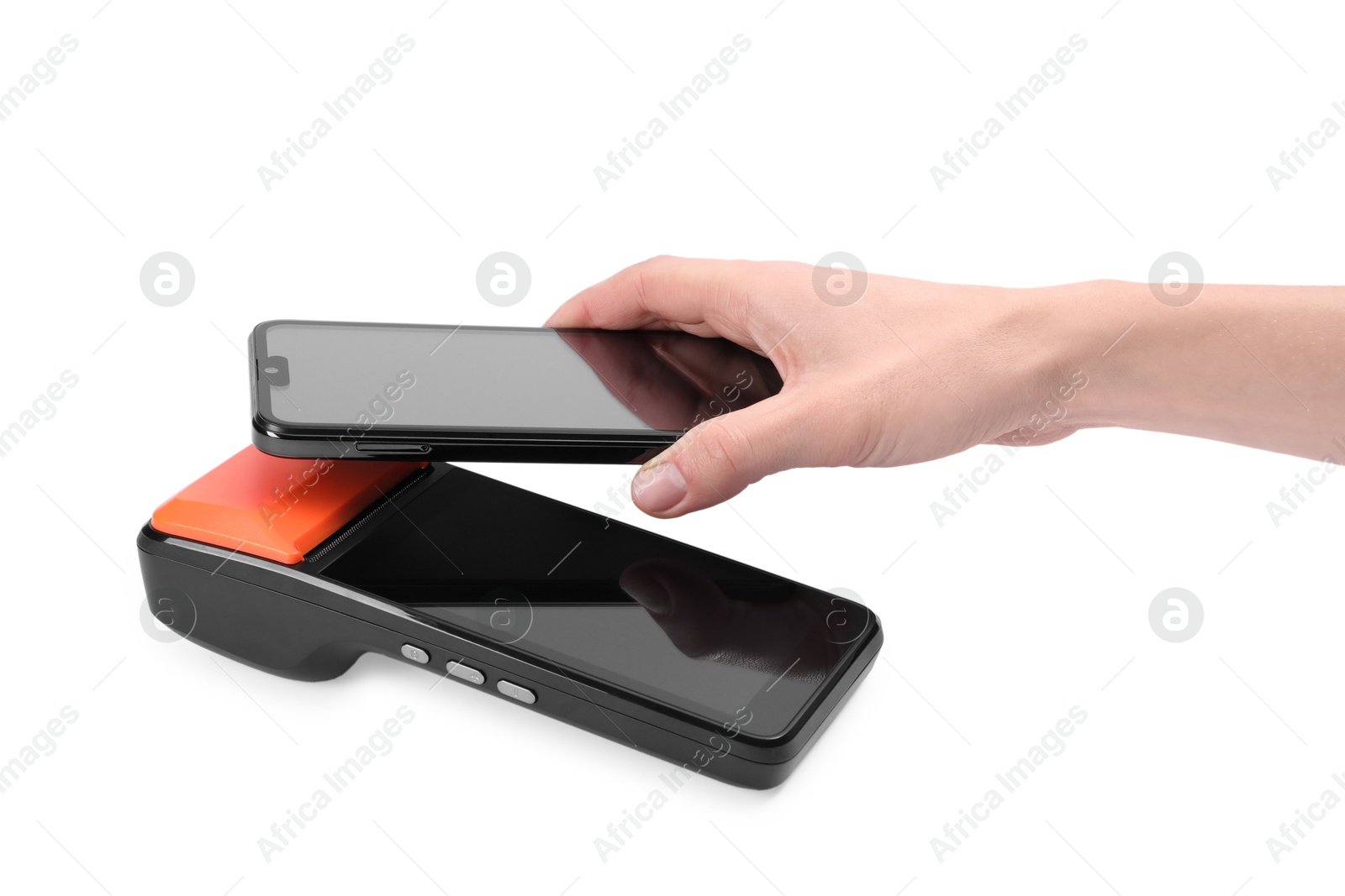 Photo of Woman with smartphone using payment terminal on white background, closeup