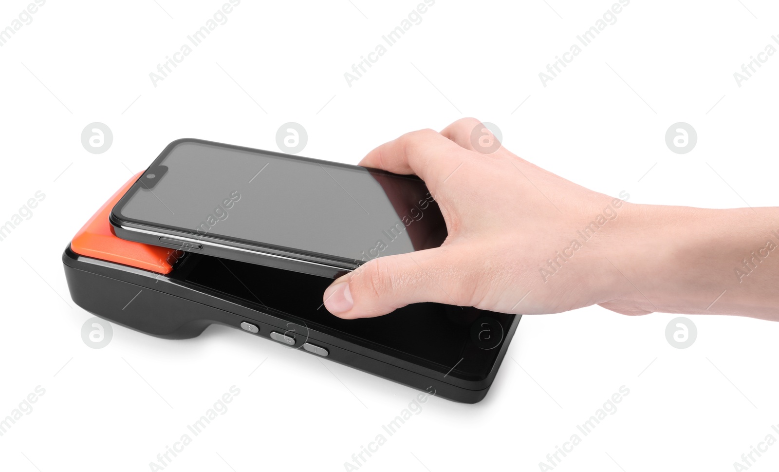 Photo of Woman with smartphone using payment terminal on white background, closeup