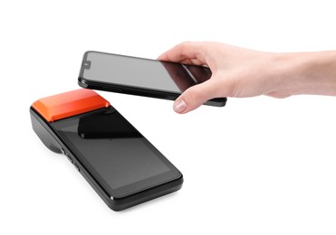 Photo of Woman with smartphone using payment terminal on white background, closeup